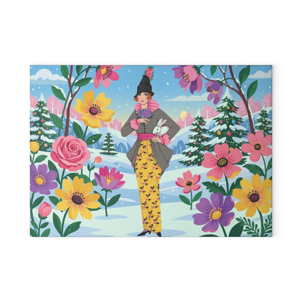 🐇❄️ The Lady Of The Winter Rabbit Garden Glass Cutting Board – Art Deco Holiday Fantasy