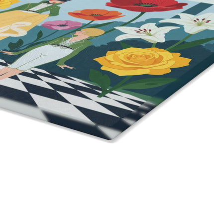 🌺🎩 The Lady And Children Of The Grand Flower Garden Glass Cutting Board – Art Deco Fashion Whimsy