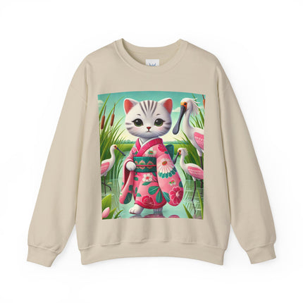 Geisha Kitten Strolls Among the Spoonbills  Unisex Heavy Blend™ Crewneck Sweatshirt