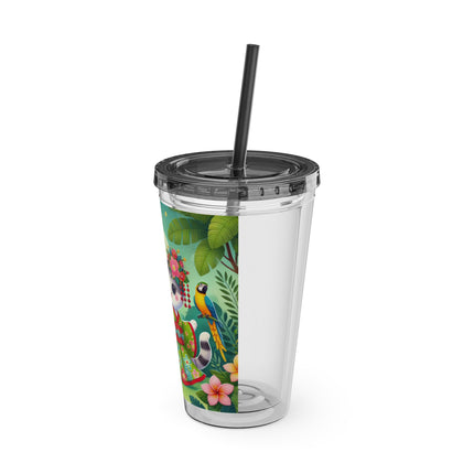 Parrot Dance of the Geisha Kitten Sunsplash Tumbler with Straw, 16oz