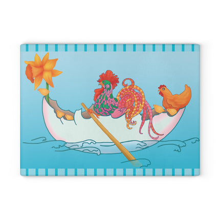 A Rooster's Seafaring Adventure Glass Cutting Board