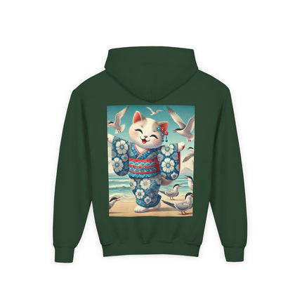 Geisha Kitten by the Seaside Youth Hooded Sweatshirt – Coastal Charm & Playful Style