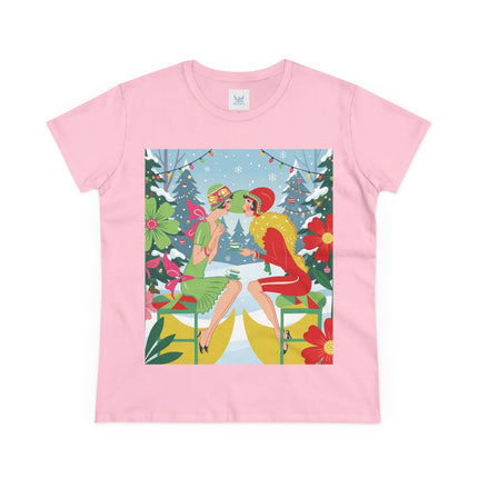 ☕❄️ Christmas Tea In The Snow Garden Cotton Tee – Art Deco Holiday Friendship