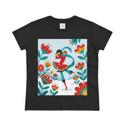 ⛸️🌺 The Winter Flower Skater Cotton Tee – Whimsical Winter Fashion