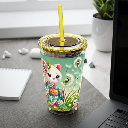 Geisha Kitten and the Dandelion Wish Sunsplash Tumbler with Straw, 16oz