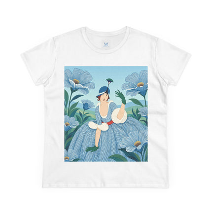 💙🌼 The Blue Blossom Garden Belle Cotton Tee – Art Deco Floral Whimsy