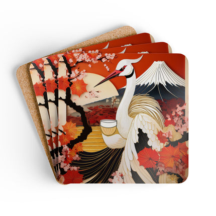 Crane at an Autumn Vineyard Corkwood Coaster Set