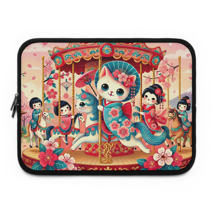 Geisha Kitten's Enchanted Carousel Laptop Sleeve – Whimsical Dreams & Cherry Blossom Magic