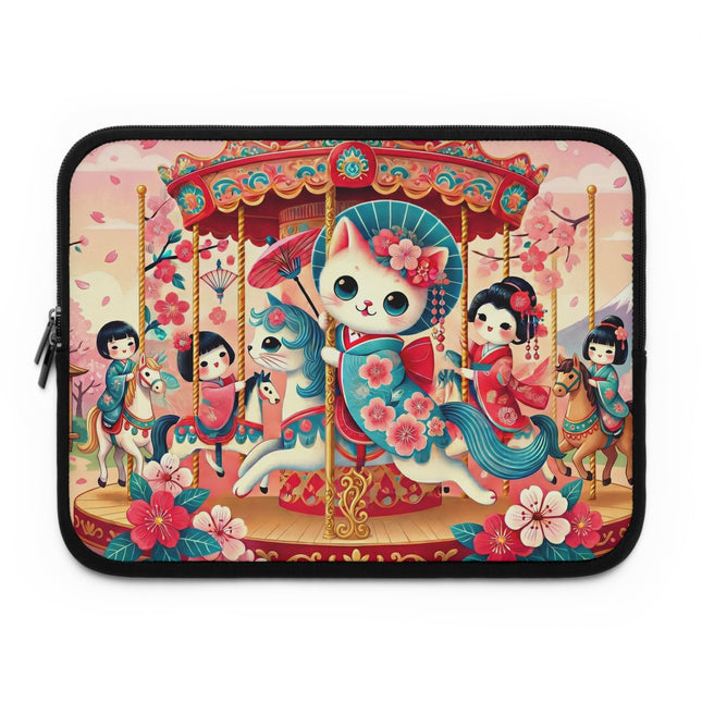 Geisha Kitten's Enchanted Carousel Laptop Sleeve – Whimsical Dreams & Cherry Blossom Magic