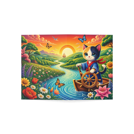 🌅🐱 The Sunset River Sailor Kitten Greeting Card – Whimsical Floral Adventure