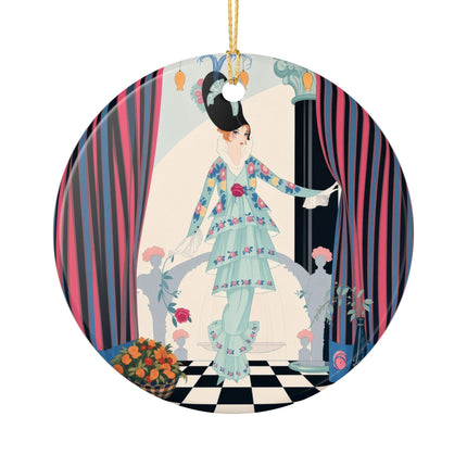 🌹🎭 The Lady Between The Curtains Ceramic Ornament – Art Deco Floral Theatre