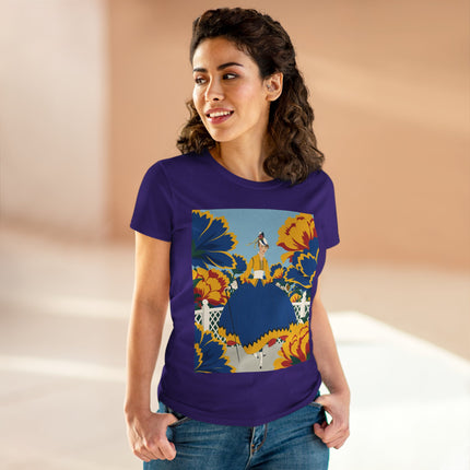 💙🌼 The Golden Petal Promenade Cotton Tee – Art Deco Floral Elegance