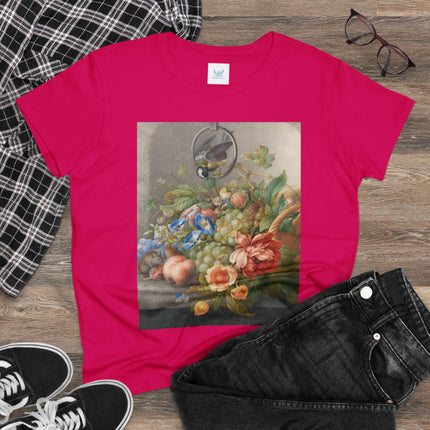 Still Life With Flowers, Fruit, A Great Tit And A Mouse by Herman Henstenburgh Women's Midweight Cotton Tee
