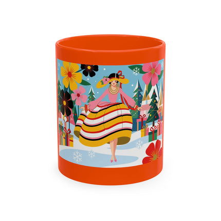 🎄🌸 The Lady Of The Striped Christmas Garden Ceramic Mug – Art Deco Holiday Whimsy
