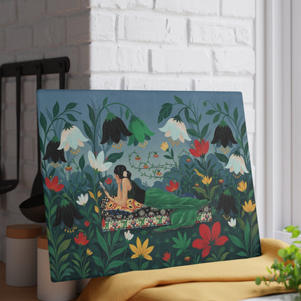 🌺🔍 The Lady In The Secret Garden Glass Cutting Board – Art Deco Floral Elegance