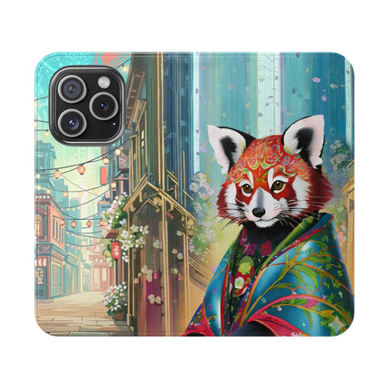 🦝✨ Cybernetic Red Panda Flip Case – Neon Charm & Futuristic Wonder
