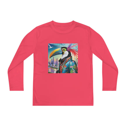 Cyber Toucan Chic Youth Long Sleeve Competitor Tee – Neon Feathers & Futuristic Style