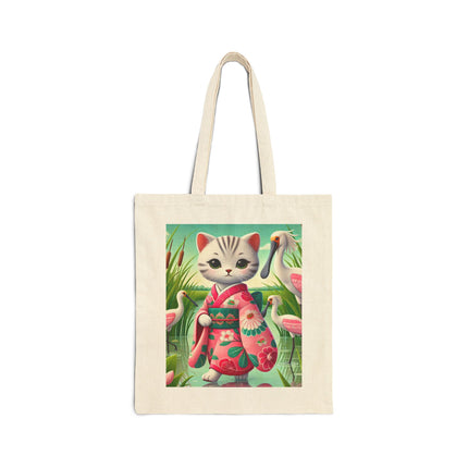 Geisha Kitten Strolls Among the Spoonbills Cotton Canvas Tote Bag – Serene Grace & Marshland Wonder