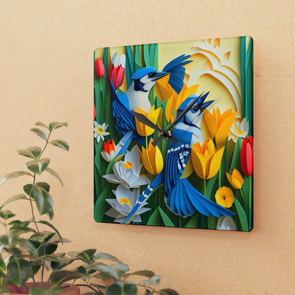 Blue Jays in a Spring Garden Acrylic Wall Clock, Round and Square