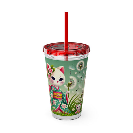 Geisha Kitten and the Dandelion Wish Sunsplash Tumbler with Straw, 16oz
