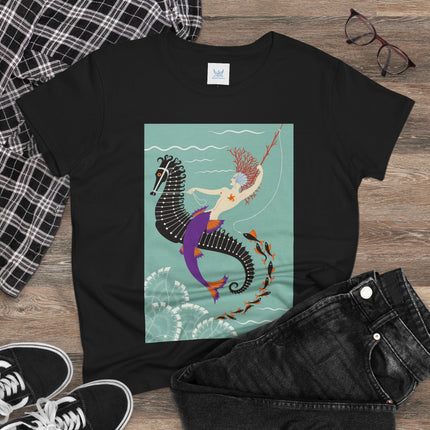 Mermaid on Seahorse Women's Midweight Cotton Tee – Dreamy Ocean Fantasy