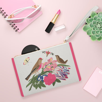 Pink-Breasted Bird & Wren Clutch Bag – Elegant Joy & Springtime Charm
