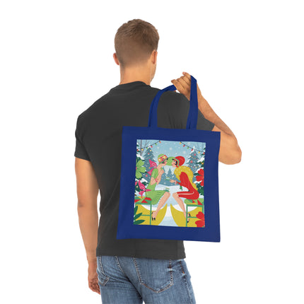 🎄☕ Christmas Tea In The Snow Garden Cotton Tote Bag – Art Deco Holiday Friendship