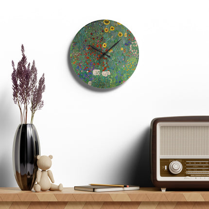 Farm Garden with Sunflowers by Gustav Klimt Acrylic Wall Clock, Round and Square