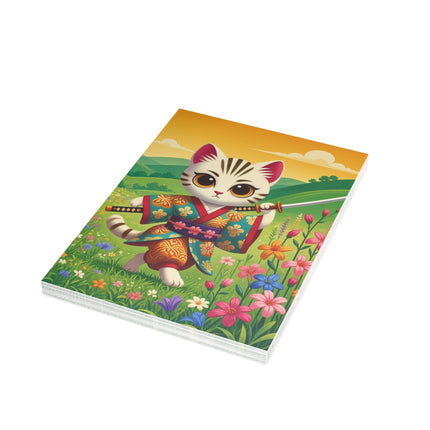 🐱🌼 The Wildflower Samurai Kitten Greeting Card – Whimsical Warrior Adventure