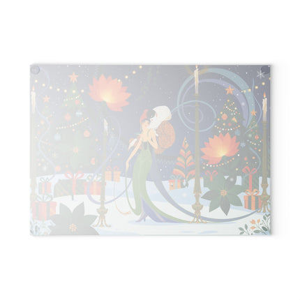 🪷🎄 The Lady Of The Christmas Lotus Garden Glass Cutting Board – Art Deco Holiday Fantasy