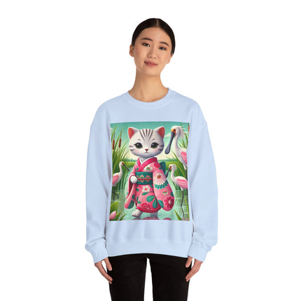 Geisha Kitten Strolls Among the Spoonbills  Unisex Heavy Blend™ Crewneck Sweatshirt