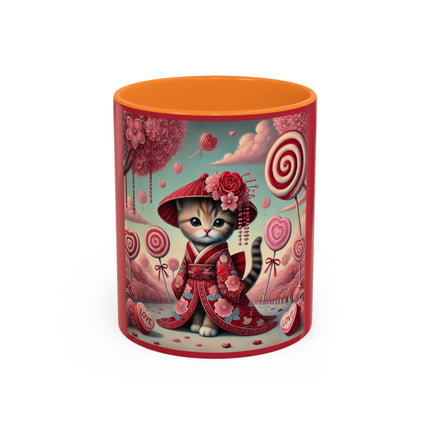 Whimsical Geisha Kitten in a Valentine Garden Colorful Mugs (11oz, 15oz)