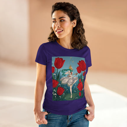 🌷🩰 The Scarlet Tulip Ballet Cotton Tee – Art Deco Floral Whimsy