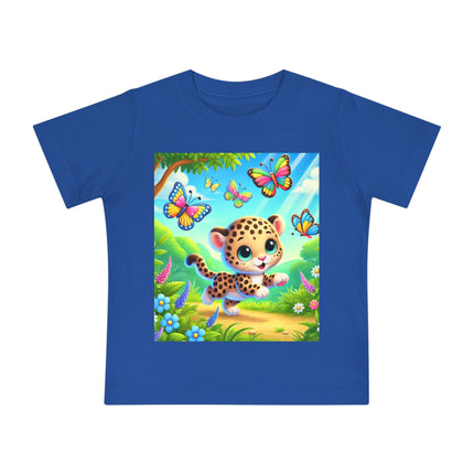 Butterfly Chase Leopard Cub Baby T-Shirt – Playful Adventure & Sunny Meadow Dreams