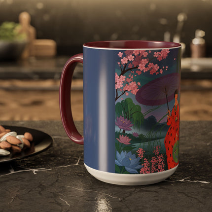 The Lady Of The Cherry Blossoms Colorful Mugs – Art Deco Spring Elegance