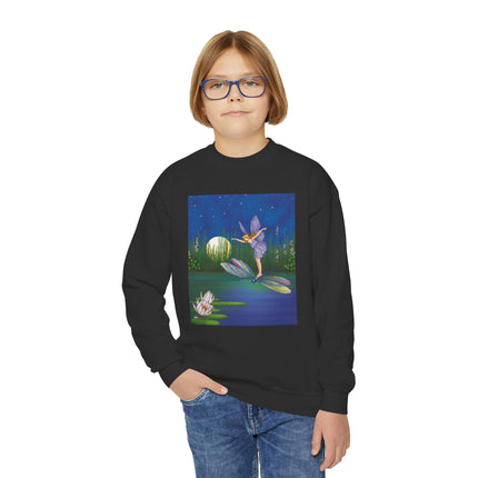 Fairy on a Dragonfly Youth Crewneck Sweatshirt – Enchanting Moonlit Fantasy