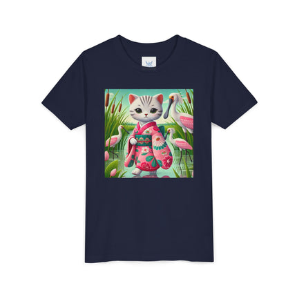 Geisha Kitten Strolls Among the Spoonbills Youth Short Sleeve Tee