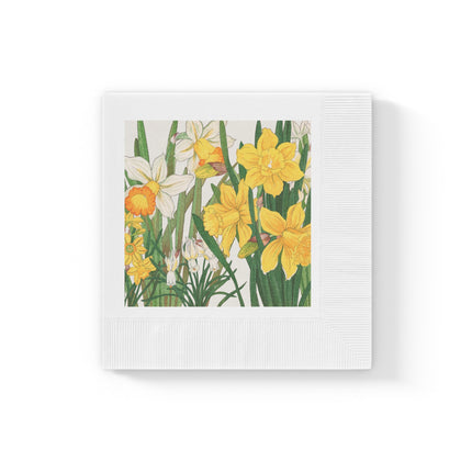 Daffodils by Tanigami Kônan White Coined Napkins – Spring Blooms & Japanese Woodblock Elegance