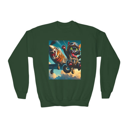 Parachuting Cat Commando Youth Crewneck Sweatshirt – High-Flying Adventure & Bold Fun