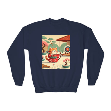 Archer Kitten in the Zen Garden Youth Crewneck Sweatshirt – Focus, Calm & Playful Precision