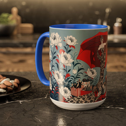❤️🌺 The Scarlet Parasol Spectacle Colorful Mug – Art Deco Fashion Elegance