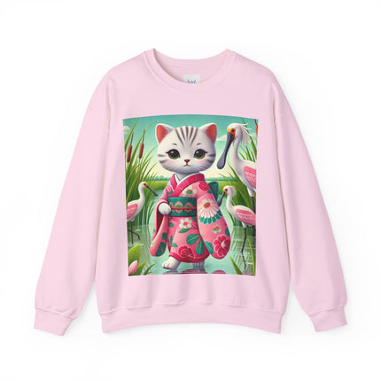 Geisha Kitten Strolls Among the Spoonbills  Unisex Heavy Blend™ Crewneck Sweatshirt