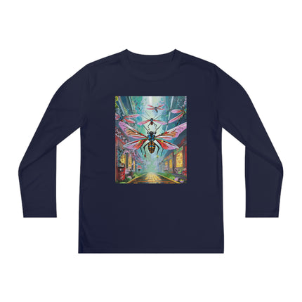 Neon Swarm Youth Long Sleeve Competitor Tee – Cyberpunk Flight & Futuristic Energy