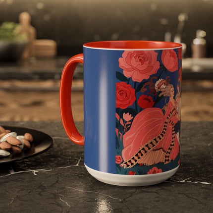 The Lady And The Scarlet Macaw Colorful Mugs – Art Deco Floral Elegance