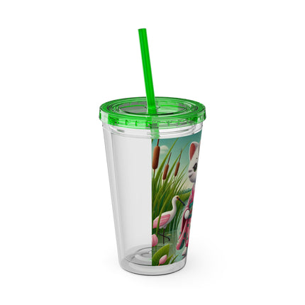 Geisha Kitten Strolls Among the Spoonbills Sunsplash Tumbler with Straw, 16oz