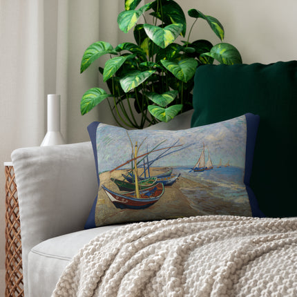 Fishing Boats on the Beach at Saintes-Maries by Vincent Van Gogh Spun Polyester Lumbar Pillow