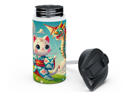 Geisha Kitten and the Dragon Kite Stainless Steel Water Bottle, Standard Lid