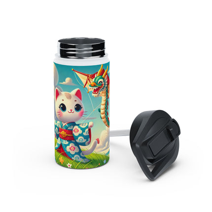 Geisha Kitten and the Dragon Kite Stainless Steel Water Bottle, Standard Lid
