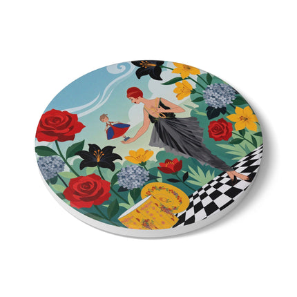 🌹🎭 The Lady Of The Little Dancer Ceramic Coaster – Art Deco Floral Fantasy