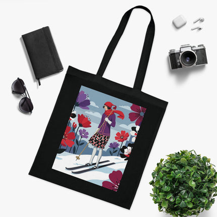 🎿🌺 The Winter Flower Skier Cotton Tote Bag – Art Deco Winter Fantasy